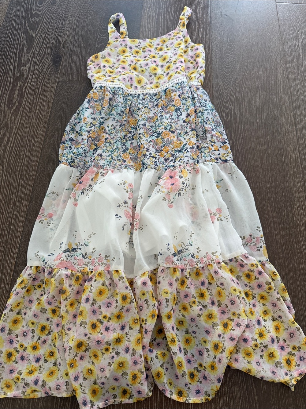 Zunie Girls Yellow Floral Tiered Summer Dress with Lace Waist